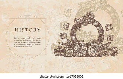 History. Ancient Maya Civilization. Kukulkan. Feathered Serpent and glyphs. Quetzalcoatl. Mesoamerican mexico mythology. Renaissance background. Medieval manuscript, engraving art 