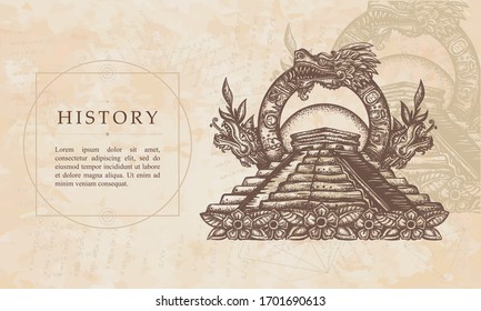 History. Ancient Maya Civilization. Kukulkan. Feathered Serpent and pyramids. Quetzalcoatl. Mesoamerican mythology. Renaissance background. Medieval manuscript, engraving art 