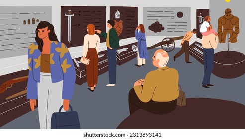 History and archaeology exhibition, exposition in historical museum. People visiting, walking, watching, studying displayed artifacts. Visitors in hall of ancient culture. Flat vector illustration