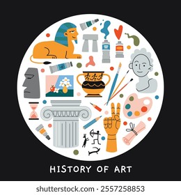 History of Art lesson at school, education for artists. Round art with paints, brushes, pencil, drawings, capital, ancient art monuments, cultural heritage. Vector illustration, hand drawn, flat