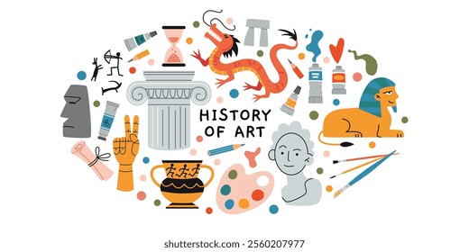 History of Art lesson at school, education for artists. Oval art with paints, brushes, pencil, drawings, capital, ancient art monuments, cultural heritage. Vector illustration, hand drawn, flat