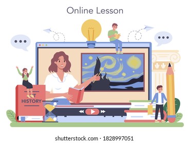History Of Art Online Service Or Platform. Teacher Tell Kids About Painting, Sculpting And Architecture. Online Lesson. Isolated Flat Vector Illustration
