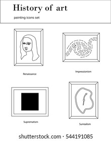 History of Art outline icon set. Classicism, renaissance, suprematism, impressionism, surrealism. 