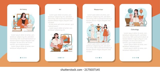 History Of Art School Education Mobile Application Banner Set. Student Studying Art History And Culturology. Teacher Tell Students About History Of Painting Or Sculpting. Flat Vector Illustration