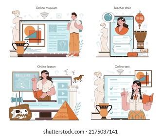 History Of Art School Education Online Service Or Platform Set. Student Studying Art History And Culturology, Painting Or Sculpting. Online Museum, Chat, Lesson, Test. Flat Vector Illustration