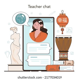 History Of Art School Education Online Service Or Platform. Student Studying Art History And Culturology, Painting Or Sculpting. Online Chat. Flat Vector Illustration