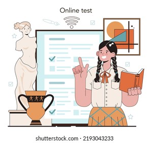 History Of Art School Education Online Service Or Platform. Student Studying Art History And Culturology, Painting Or Sculpting. Online Test. Flat Vector Illustration