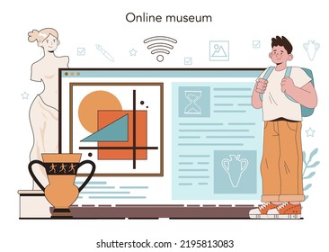 History Of Art School Education Online Service Or Platform. Student Studying Art History And Culturology, Painting Or Sculpting. Online Museum. Flat Vector Illustration