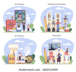 History Of Art School Education Set. Student Studying Art History. Teacher Tell Kids About Painting, Sculpting And Architecture. Isolated Flat Vector Illustration