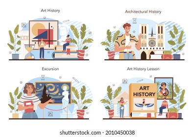 History of art school education set. Student studying art history. Teacher tell students about history of painting, sculpting and architecture. Isolated flat vector illustration