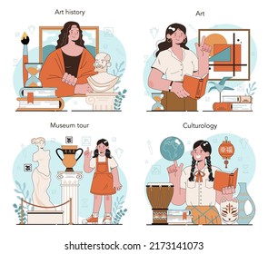 History Of Art School Education Set. Student Studying Art History And Culturology. Teacher Tell Students About History Of Painting, Sculpting And Architecture. Flat Vector Illustration