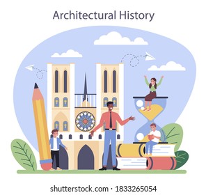 History Of Art School Education. Student Studying Art History. Teacher Tell Kids About Old Architecture. Isolated Flat Vector Illustration