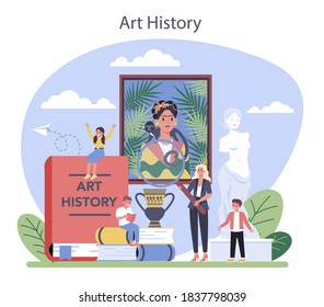 History Of Art School Education. Student Studying Art History. Teacher Tell Kids About Painting, Sculpting And Architecture. Isolated Flat Vector Illustration