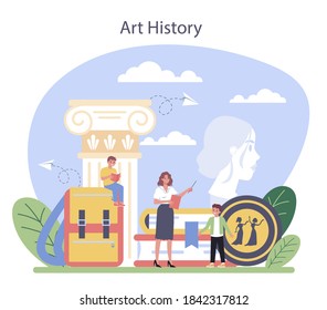 History Of Art School Education. Student Studying Art History. Teacher Tell Kids About Painting, Sculpting And Architecture. Isolated Flat Vector Illustration