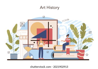 History Of Art School Education. Student Studying Art History. Teacher Tell Students About History Of Painting, Sculpting And Architecture. Isolated Flat Vector Illustration