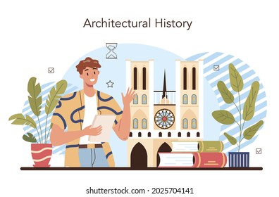 History Of Art School Education. Student Studying Art History. Teacher Tell Students About History Of Painting, Sculpting And Architecture. Isolated Flat Vector Illustration