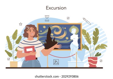History Of Art School Education. Student Studying Art History On Excursion. Teacher Tell Students About History Of Painting, Sculpting And Architecture. Isolated Flat Vector Illustration