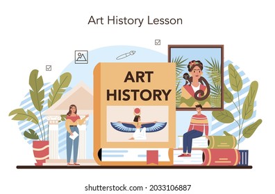 History Of Art School Education. Student Studying Art History. Teacher Tell Students About History Of Painting, Sculpting And Architecture. Isolated Flat Vector Illustration