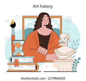 History Of Art School Education. Student Studying Art History And Culturology. Teacher Tell Students About History Of Painting, Sculpting And Architecture. Flat Vector Illustration