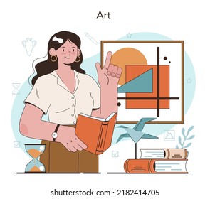 History Of Art School Education. Student Studying Art History And Culturology. Teacher Tell Students About History Of Painting, Sculpting And Architecture. Flat Vector Illustration