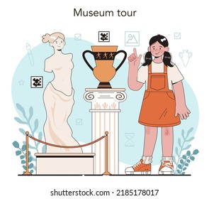 History Of Art School Education. Student Studying Art History And Culturology. Teacher Tell Students About History Of Painting, Sculpting And Architecture. Flat Vector Illustration