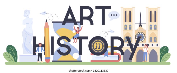 History Of Art School Education Typographic Header. Student Studying Art History. Teacher Tell Kids About Painting, Sculpting And Architecture. Isolated Flat Vector Illustration