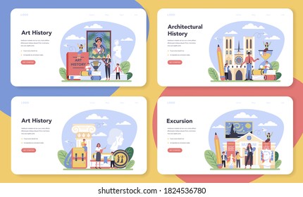 History Of Art School Education Web Banner Or Landing Page Set. Student Studying Art History. Teacher Tell Kids About Painting, Sculpting And Architecture. Isolated Flat Vector Illustration