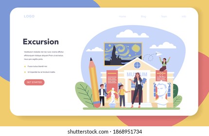 History of art school education web banner or landing page. Teacher tell kids about painting, sculpting and architecture on excursion. Isolated flat vector illustration