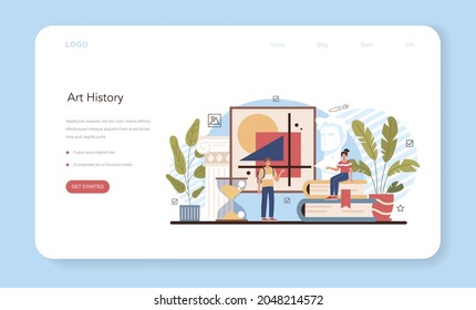 History of art school education web banner or landing page. Student studying art history. Teacher tell students about history of painting, sculpting and architecture. Flat vector illustration