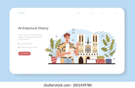 History of art school education web banner or landing page. Student studying art history. Teacher tell students about history of painting, sculpting and architecture. Flat vector illustration