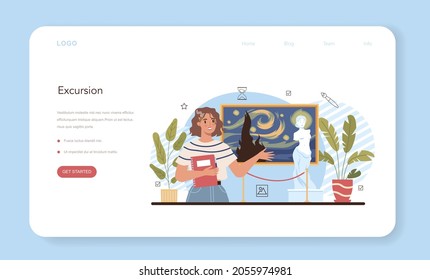 History of art school education web banner or landing page. Student studying art history. Teacher tell students about history of painting, sculpting and architecture. Flat vector illustration