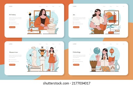 History of art school education web banner or landing page set. Student studying art history and culturology. Teacher tell students about history of painting or sculpting. Flat vector illustration