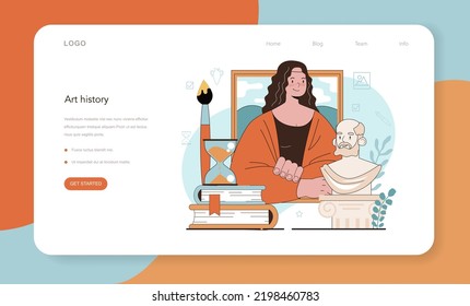 History Of Art School Education Web Banner Or Landing Page. Student Studying Art History And Culturology. Teacher Tell Students About History Of Painting Or Sculpting. Flat Vector Illustration