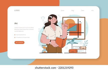 History of art school education web banner or landing page. Student studying art history and culturology. Teacher tell students about history of painting or sculpting. Flat vector illustration