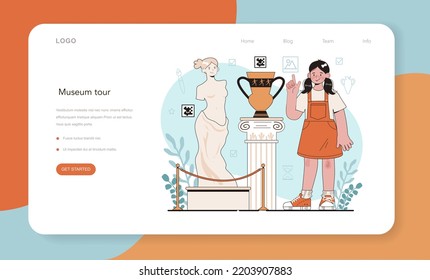 History Of Art School Education Web Banner Or Landing Page. Student Studying Art History And Culturology. Teacher Tell Students About History Of Painting Or Sculpting. Flat Vector Illustration