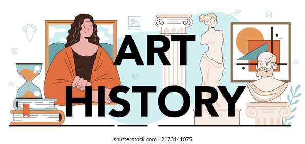 History Of Art Typographic Header. Student Studying Art History And Culturology. Teacher Tell Students About History Of Painting Or Sculpting. Flat Vector Illustration