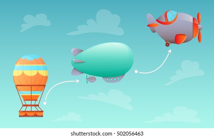 History of Aviation. Aerostat, airship and aircraft on sky background. Vector illustration