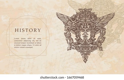 History. Aztec totem. Mexican god. Mesoamerican mythology. Ancient Mayan art. Renaissance background. Medieval manuscript, engraving art 