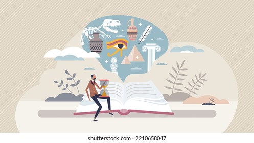 History Book And Ancient Literature Resources Study Tiny Person Concept. Academic Education Records With Egypt Mythology And Culture Research Vector Illustration. Information About Old Civilizations.