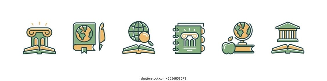 history book icon set ancient building geography research education read planet earth book signs vector illustration for web and app