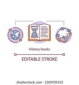 History books concept icon. World historical literature idea thin line illustration. Ancient times, manuscripts, chronological researches. Vector isolated outline drawing. Editable stroke