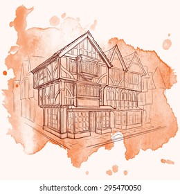 History of the British architectural styles. Tudor architecture. Half-timbered residential house. Sketch isolated on a separate layer above traced watercolor monochrome spot. EPS10 vector illustration