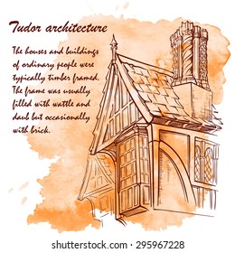 History of the British architectural styles. Tudor architecture. Half-timbered residential house. Sketch isolated on a separate layer above traced watercolor monochrome spot. EPS10 vector illustration