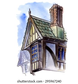 History of the British architectural styles. Tudor architecture. Half-timbered residential house. Sketch isolated in a separate layer above traced watercolor Background EPS10 vector illustration