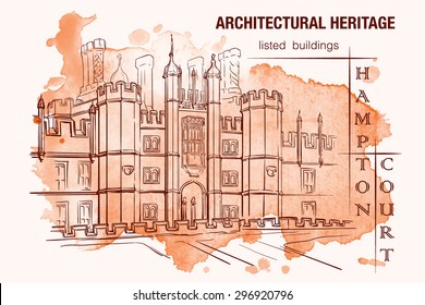 History of the British architectural styles. Tudor architecture. Hampton Court Palace. Sketch isolated on a separate layer above traced watercolor monochrome spot. EPS10 vector illustration