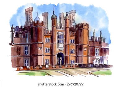 History of the British architectural styles. Tudor architecture. Hampton Court Palace. Line sketch isolated in a separate layer above traced watercolor Background EPS10 vector illustration.