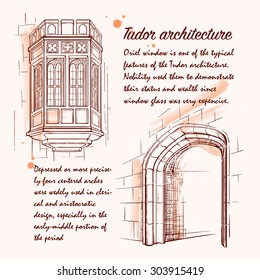 History of the British architectural styles. Tudor architecture. Characteristic features. Sketch style drawing. EPS10 vector illustration