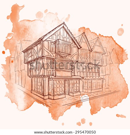 History of the British architectural styles. Tudor architecture. Half-timbered residential house. Sketch isolated on a separate layer above traced watercolor monochrome spot. EPS10 vector illustration