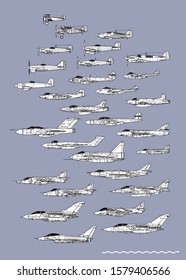 History of British fighters. Outline vector drawing. Image for illustration or infographics.