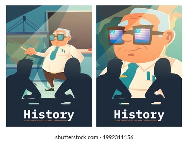 History cartoon posters, senior historian teacher with pointer at blackboard explain lesson to students sitting at desks. Human silhouettes front of image of man with USA flag reflection in glasses